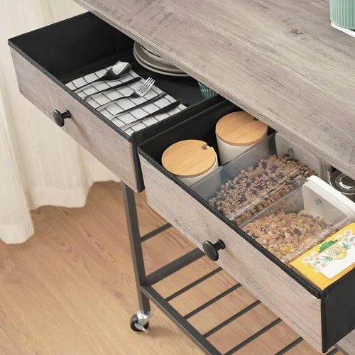 Miniatura 5 de HOOBRO Isla de cocina con almacenamiento, carrito de isla rodante para cocina con 2 cajones y tomacorriente, estación de café de 3 niveles y soporte
