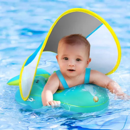 Flotador de piscina para bebé sin volteo con toldo UPF50+, flotador inflable para bebé con parte inferior de soporte de seguridad de esponja,