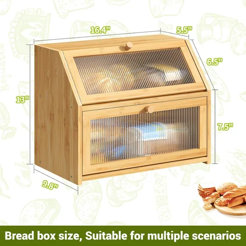 Miniatura 7 de BMOSU Panera grande para encimera de cocina, panera de doble capa para encimera de cocina, panera de madera de bambú con capacidad de almacenamiento