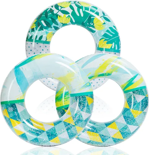 Miniatura 10 de JOYIN Paquete de 3 flotadores de piscina, tubo de piscina para niños anillos de natación tubos inflables, anillos flotantes de hojas tropicales