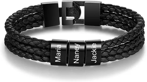 Pulseras personalizadas con nombre para hombre, pulsera de cuero trenzado personalizada con 1-8 nombres grabados, pulsera con nombre personalizado