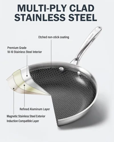 Miniatura 3 de Cooks Standard Sartén antiadherente híbrida de 8 pulgadas con revestimiento de varias capas, sartén de acero inoxidable con tapas de vidrio