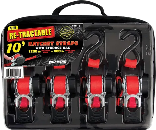 Erickson Paquete de correa retráctil de trinquete Pro Series: 1 pulgada x 10 pies, rojo (1200 libras, 4 paquetes + bolsa) y negro (1500 libras,