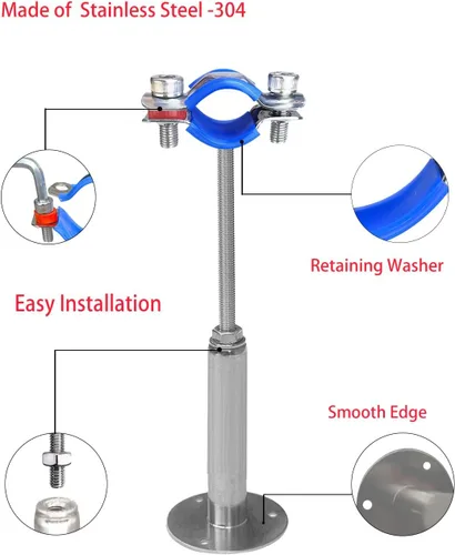 Miniatura 4 de Soportes de tubería de montaje en techo para montaje en pared, abrazaderas de tubo ajustables, perchas, acero inoxidable 304, 2 piezas adecuadas
