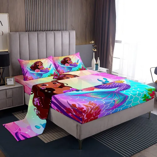 Miniatura 18 de Erosebridal Sábanas de sirena azul para niñas, juego de sábanas de unicornio lindo tamaño matrimonial, 4 piezas para niños, sábanas de arcoíris