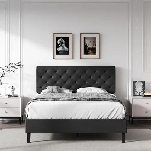 Miniatura 8 de REVOMINCA Marco de cama matrimonial con cabecero, plataforma tapizada de piel sintética, marco de cama negro tamaño matrimonial, soporte de listones