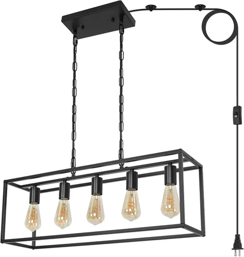 Miniatura 8 de Lámpara de isla de cocina con enchufe de granja, industrial moderna lámpara lineal de 5 luces con cable de 17.5 pies, lámparas rectangulares