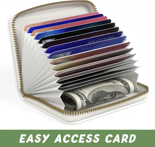 Miniatura 5 de Tarjetero de crédito para mujer, pequeña cartera RFID delgada de cuero organizador de tarjetas de visita con cremallera y llavero, color blanco