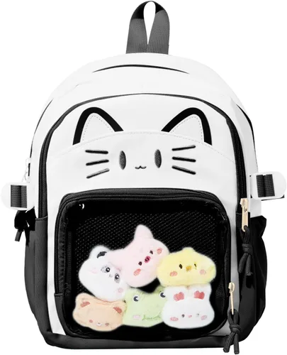 Bolsa Kawaii Cat Ita, bolso con pines, bolsa con inserto, para uso diario y cosplay, nailon, Negro-blanco, Pequeño, Kawaii