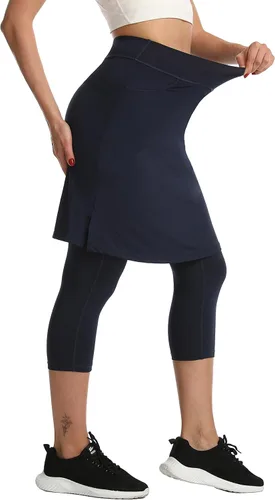 Miniatura 4 de HOKOYI Falda modesta con leggings adjuntos para mujer, entrenamiento hasta la rodilla, pantalones capri con 2 bolsillos