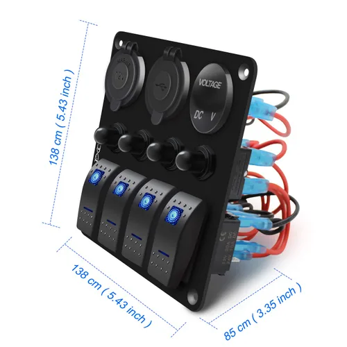 Miniatura 7 de FXC Panel de interruptor basculante azul de barco marino impermeable de 4 vías con enchufe USB QC3.0 y ranura tipo C + encendedor de cigarrillos +