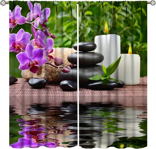 Miniatura 41 de Cortinas con estampado de bambú verde natural, plantas asiáticas, japonesas, tallos rústicos, hojas, cortina de selva con bolsillo para cortinero