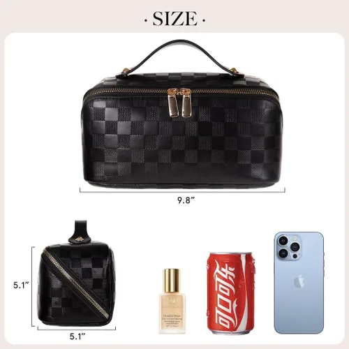 Miniatura 2 de Bolsas de maquillaje a cuadros de gran capacidad, bolsas de cosméticos portátiles de viaje, bolsa de aseo abierta y plana para mujeres y niñas