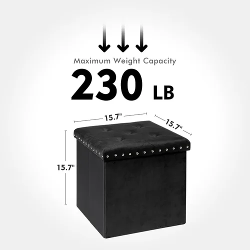 Miniatura 3 de PINPLUS Otomano de almacenamiento plegable negro en forma de cubo, taburete pequeño de terciopelo con diseño de remaches, reposapiés acolchado
