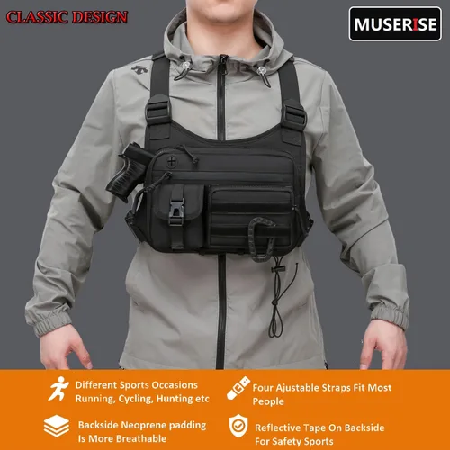 Miniatura 7 de Muserise - Bolso de pecho para exterior para hombres y mujeres, chaleco táctico para correr, ciclismo, paquete de pecho EDC para deportes y Negro