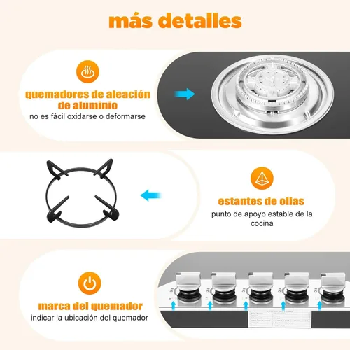 Miniatura 7 de Estufa de gas de 5 quemadores, encimera de acero inoxidable integrada de 30 pulgadas, encimera de acero inoxidable integrada con protección