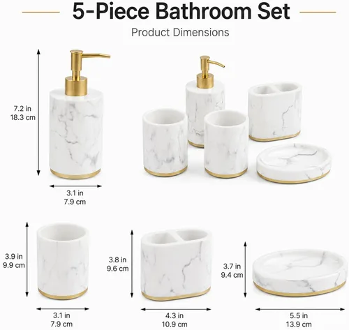 Miniatura 4 de Juego de accesorios de baño de 5 piezas, juego de baño de resina de mármol con dispensador de jabón, soporte para cepillos de dientes, jabonera