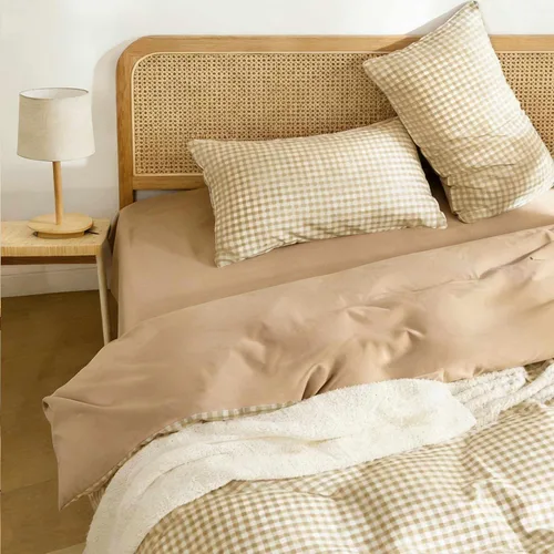 Miniatura 3 de Juego de colcha tamaño king de ETDIFFE, color marrón, 3 piezas, juego de ropa de cama color beige con estampado Gingham de rejilla - colcha suave