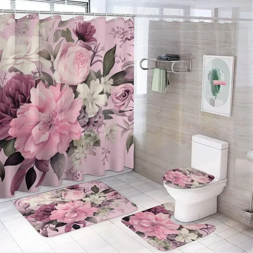Miniatura 13 de Juego de 4 cortinas de ducha con alfombras, juego de baño con cortina de ducha y alfombras, 4 piezas, flores femeninas, lila, rosa, rubor, verde
