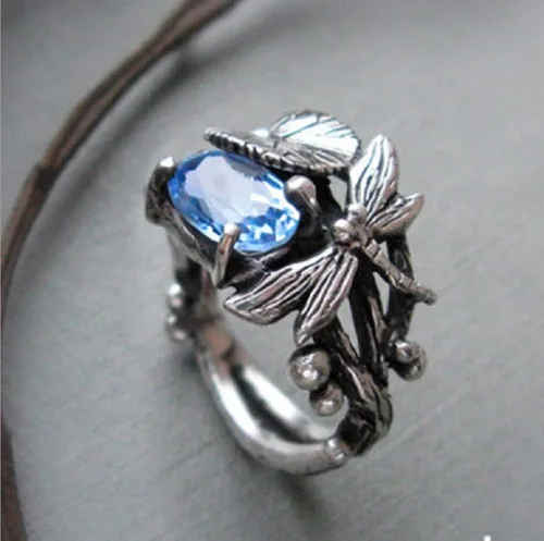 Miniatura 3 de Anillos vintage de plata tailandesa 925 plata tailandesa topacio azul hoja de loto libélula anillos boda fiesta joyería regalo