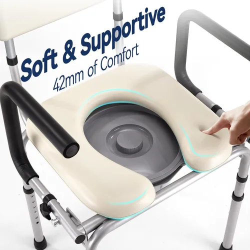 Miniatura 4 de Asiento sanitario junto a la cama con brazo desplegable, inodoro con asiento acolchado y respaldo, capacidad de 400 libras, cubo removible de 6.3QT