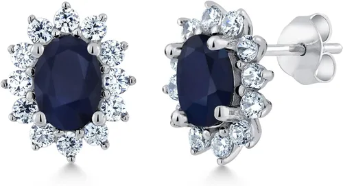 Miniatura 113 de Gem Stone King Aretes ovalados de plata de ley 925 de 0.276 x 0.197 in con piedra natal de la princesa Diana, estilo halo real para mujeres