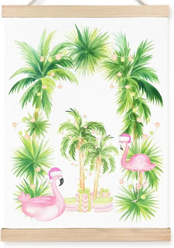 FDHSPAAM Decoración de pared de flamenco de Navidad rosa y verde, decoraciones de Navidad tropicales, pósteres de arte de pared para el hogar,