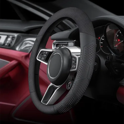 Miniatura 2 de Funda de volante de cuero Yangday para Ford F150 F250 F350, 15.5-16 pulgadas, funda de volante para coche con antideslizante y transpirable (Negro)