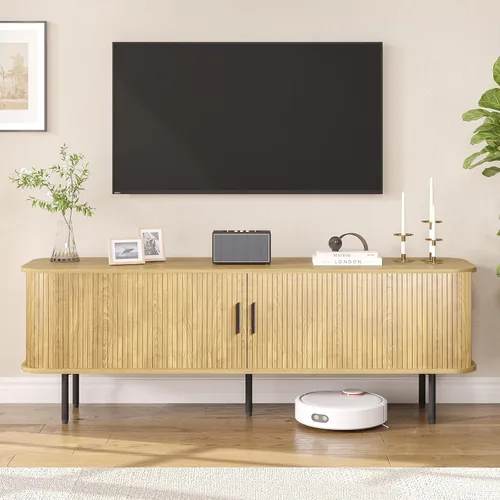 Miniatura 12 de Soporte de TV moderno acanalado de 47" para televisores de hasta 60 pulgadas, centro de entretenimiento para juegos con puertas correderas
