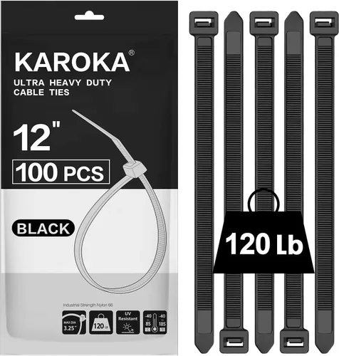 Miniatura 9 de Bridas de cremallera de 8 pulgadas resistentes con resistencia a la tracción de 120 libras, bridas negras para cables, 100 piezas Karoka