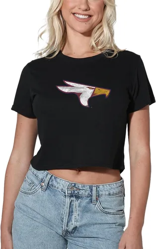 Colección oficial de camisetas cortas con logotipo primario desgastado universitario para mujer, color negro