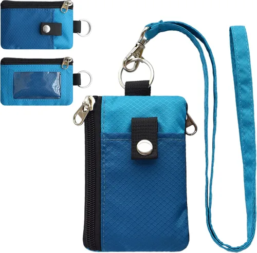 Cartera pequeña minimalista con bloqueo RFID con ventana de identificación, resistente al agua, con cremallera, con llavero de cordón, para