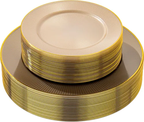Miniatura 13 de Hioasis 60 platos de plástico verde y dorado, juego de vajilla desechable verde, 30 piezas de cena de 10.25 pulgadas y 30 platos de postre de 7.5