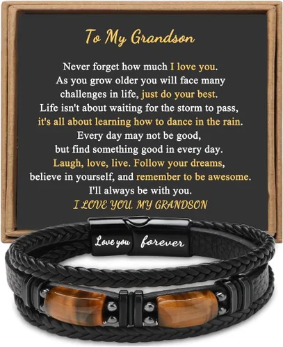 Miniatura 8 de Regalos únicos para hombres, pulsera de cuero para hombres, papá, novio, hijo, nieto, hermano, te amo para siempre, piedra ojo de tigre, día