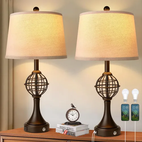 Miniatura 8 de Lámparas de Mesa Estilo Granja de 28.8" para Sala de Estar, Juego de 2, Lámparas Táctiles Regulables de 3 Vías con Puertos USB, Lámparas Rústicas