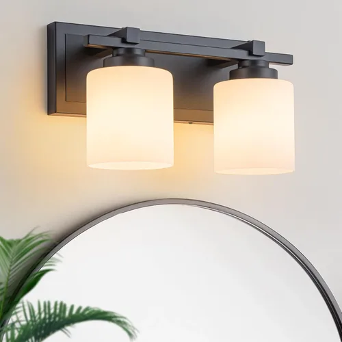 Miniatura 10 de 1 Luminaria Moderna de Baño sobre Espejo, Luces de Tocador Negro Dorado para Apliques de Pared de Baño con Pantallas de Vidrio Blanco Lechoso