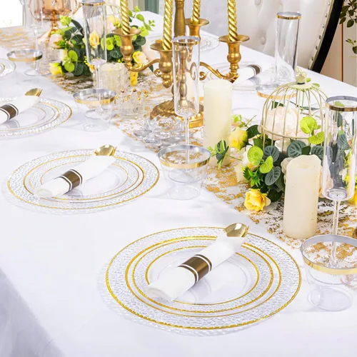 Miniatura 9 de Ciaell 350 piezas de platos de plástico transparentes con ribete dorado para 50 invitados, incluye 100 platos de plástico, 50 servilletas Claro