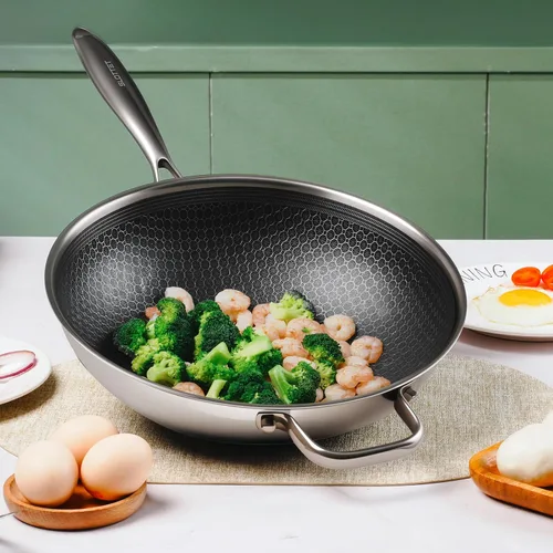 Miniatura 5 de SLOTTET Wok híbrido de 12 pulgadas con tapa, woks antiadherentes de acero inoxidable y sartenes para saltear, mango que se mantiene frío, utensilios
