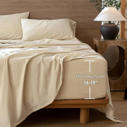 Miniatura 2 de MooMee Sábana bajera ajustable de solo 100% algodón lavado con textura parecida al lino, transpirable, duradera, suave, cómoda, bolsillo profundo
