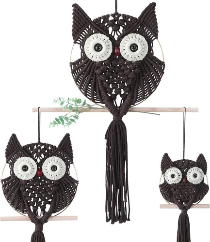 Miniatura 11 de MVSUTA Owl Burgundy Cotton Handmade Macrame Wall Hanging Tapestry Home Decor Art and Red Craft Wonderful Decoration Woven Boho Ornament for Office