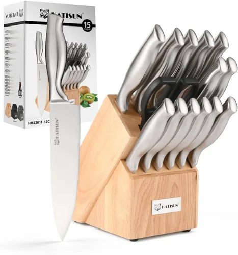 Miniatura 11 de Juego de cuchillos de cocina de 15 piezas con afilador integrado, juego de bloques de cuchillos de acero inoxidable alemán, apto para lavavajillas