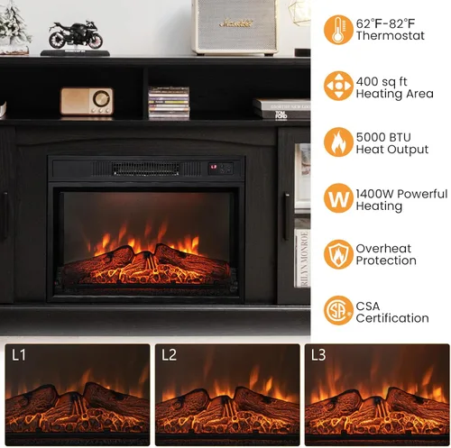 Miniatura 6 de Tangkula Soporte de TV con chimenea para televisores de hasta 65 pulgadas, consola de TV con chimenea eléctrica con control remoto, protección Marrón