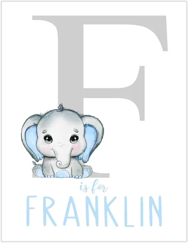 Miniatura 2 de Pixie Paper Decoración personalizada de elefante de acuarela azul para bebé, niño, impresión sin marco, monograma inicial de letra con nombre de bebé