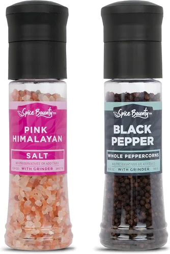 Spice Bounty - Juego de molinillo de sal rosa del Himalaya de 12.9 onzas y pimienta negra entera de 5.8 onzas, sal gruesa y granos de pimienta con