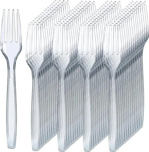 Miniatura 12 de Prestee 100 tenedores de plástico – Utensilios de cubiertos de plástico dorado resistentes de 7 pulgadas – Tenedores dorados elegantes y desechables