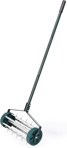 GYMAX Aireador de césped, aireador rodante con mango antideslizante y picos de púas, aireador de enchufe de empuje para jardín, mantenimiento de
