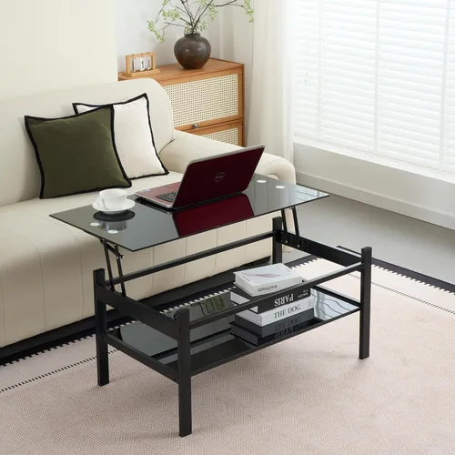 Miniatura 10 de Mesa de centro elevable con almacenamiento, mesas de centro modernas de vidrio negro para sala de estar, 37.8 pulgadas rectangular de vidrio