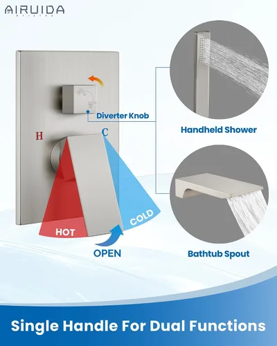 Miniatura 5 de Airuida Grifo de bañera de montaje en pared con boquilla de cascada, grifo de bañera montado en la pared con ducha de mano de una sola manija, juego