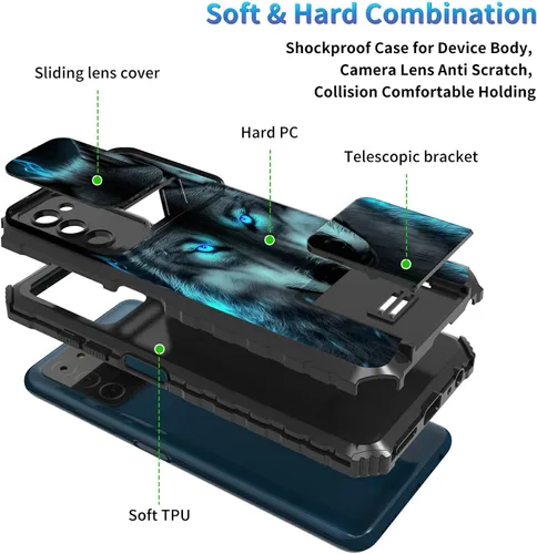 Miniatura 763 de Funda para Samsung Galaxy S22 Ultra 5G, Galaxy S22 Ultra con cubierta de cámara deslizante, funda resistente de doble capa con función atril Black