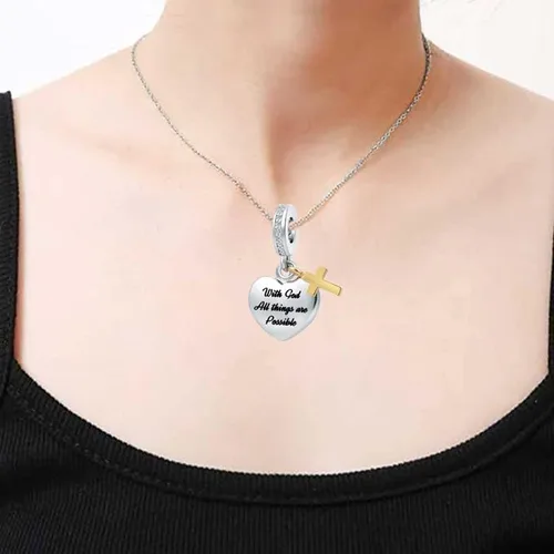 Miniatura 4 de Dijes religiosos de cruz de corazón de Navidad compatibles con pulsera Pandora y collar para mujeres con Dios, todo es posible, Cristal, Base